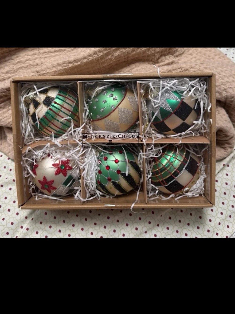 Mackenzie Childs Farmhouse Glass Ball Ornaments Set Of 6